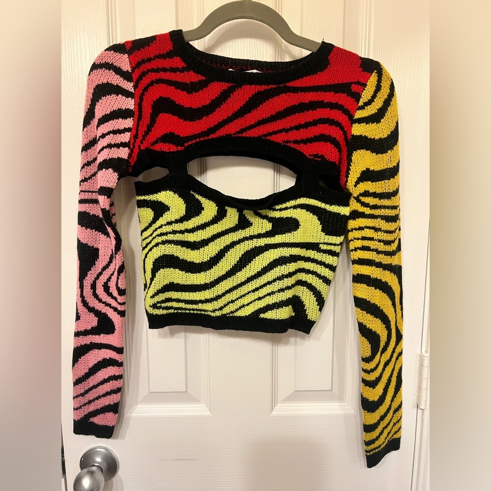 Sweet Rain Colorful Zebra Print Cropped Cutout Sweater | Size Small